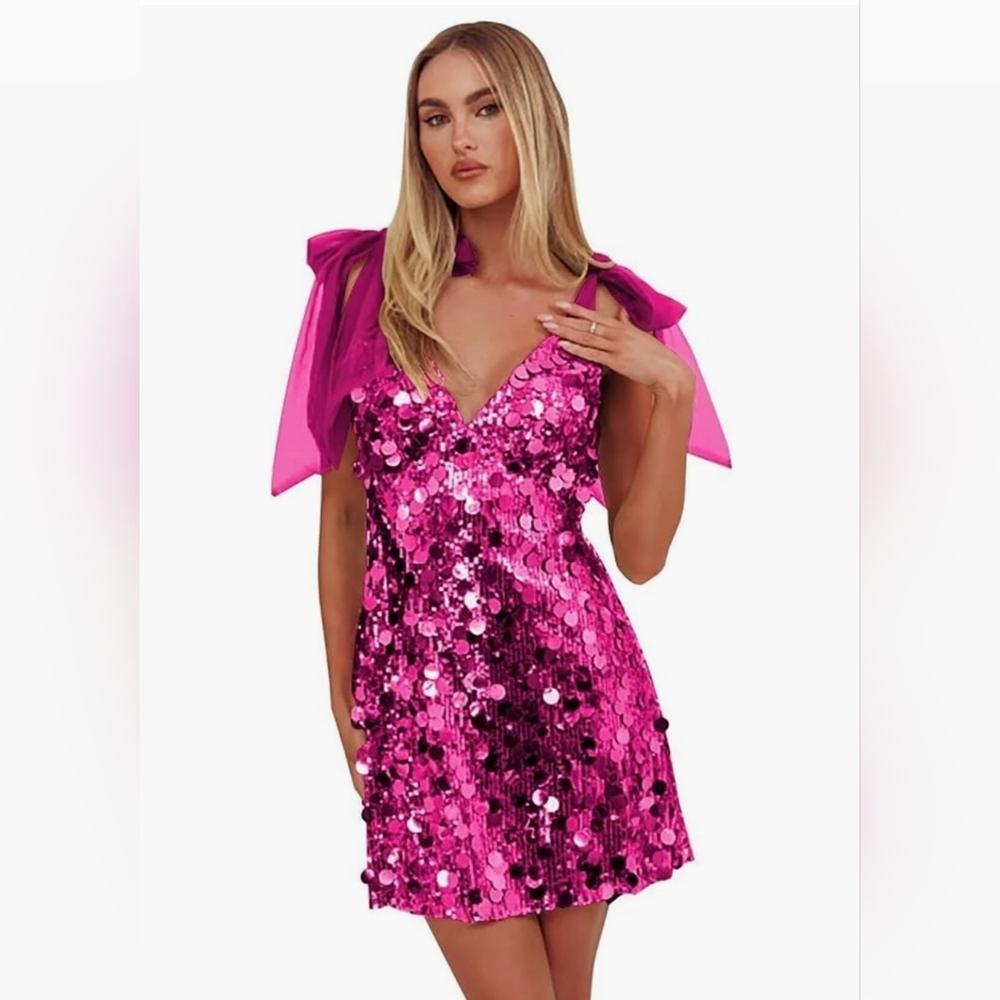 Pink Sequin Dress with Bow Straps